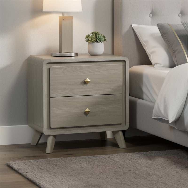 Reny Nightstand- 2 Drawers- Rounded Edges- Gold Knobs- Rustic Gray Wood