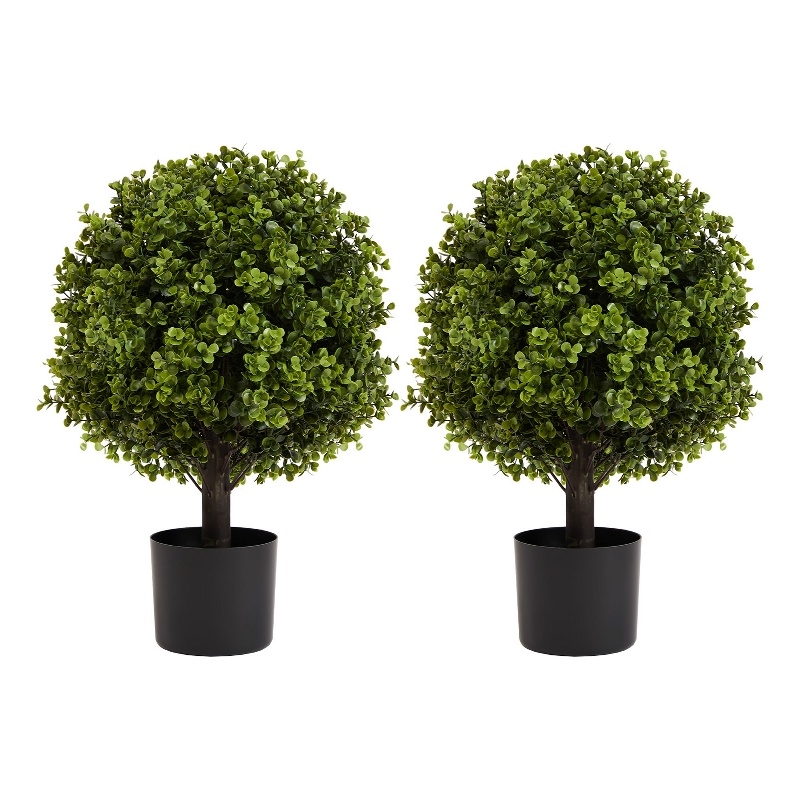 Yana Boxwood Topiary Tree with Pot- Set of 2- Green Poly Silk 22 Inch