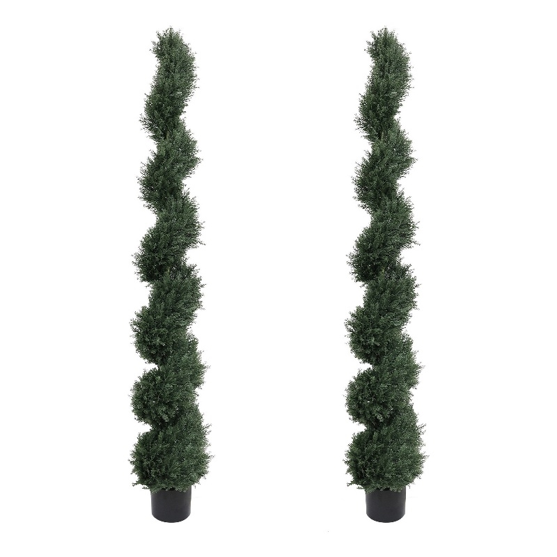 Syna Spiral Artificial Cedar Tree w Pot- Set of 2- Green Poly Silk 71 Inch