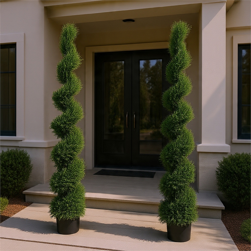 Syna Spiral Cedar Tree- Set of 2- Two-Tone Green Poly Silk 71 Inch