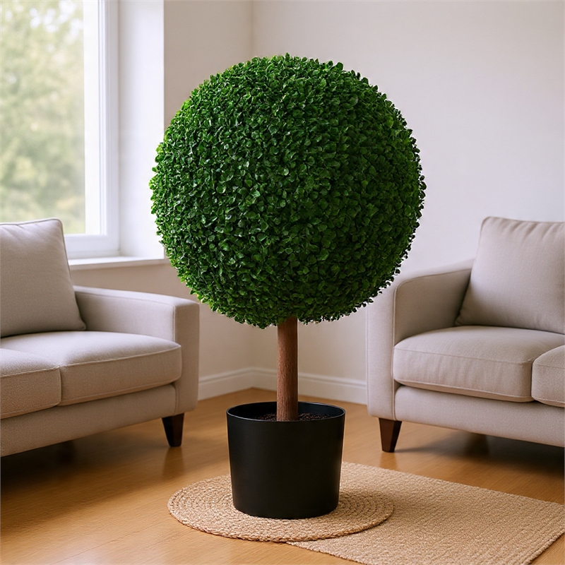 Yuko Artificial Boxwood Ball Topiary Tree with Black Pot- Lifelike 24 Inch
