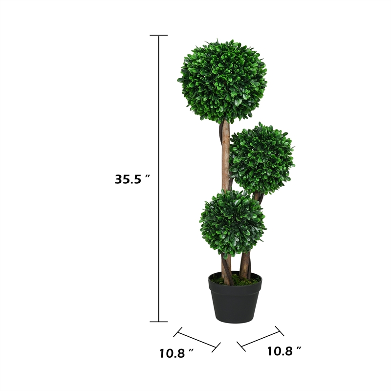 Farah Outdoor 3 Ball Boxwood Topiary Tree- Lifelike Poly Silk 36 Inch