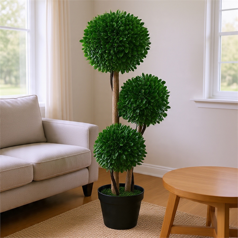 Farah Outdoor 3 Ball Boxwood Topiary Tree- Lifelike Poly Silk 36 Inch