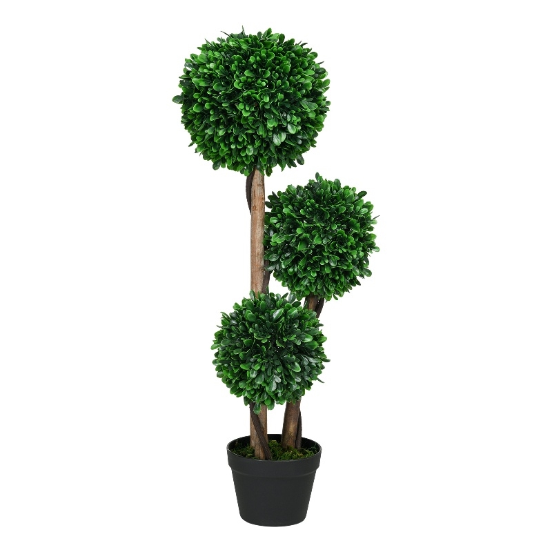 Farah Outdoor 3 Ball Boxwood Topiary Tree- Lifelike Poly Silk 36 Inch