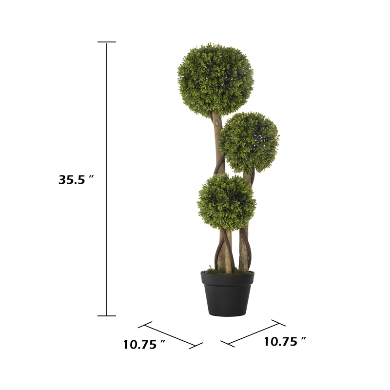Raha Triple Ball Boxwood Tree in Black Pot- Lifelike Poly Silk 36 Inch