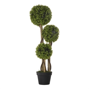 Raha Triple Ball Boxwood Tree in Black Pot- Lifelike Poly Silk 36 Inch