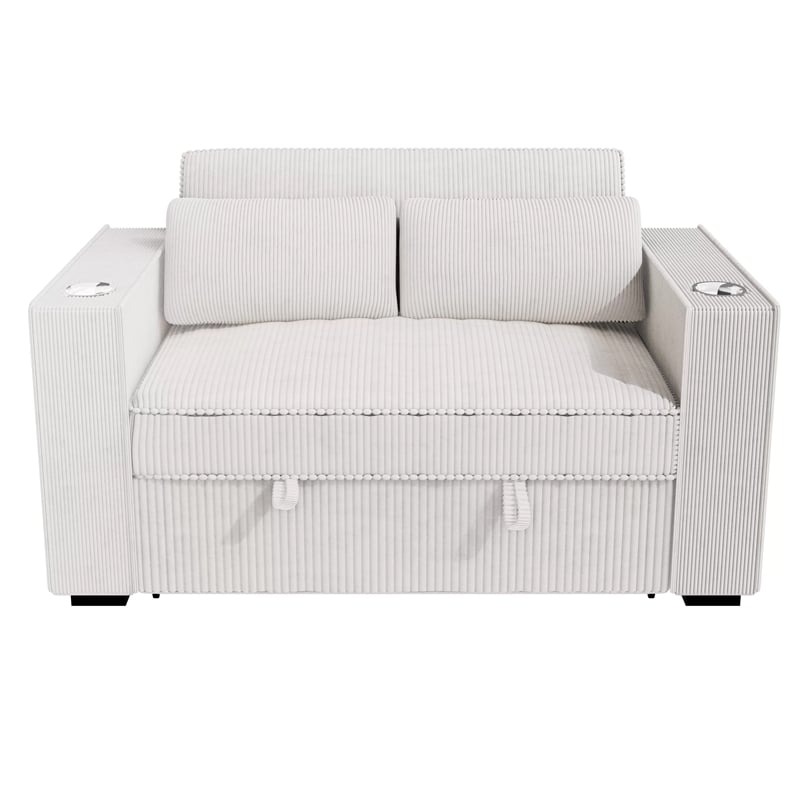 Revi Convertible Sofa w 2 Pillows- USB and Cupholders- Beige Corduroy