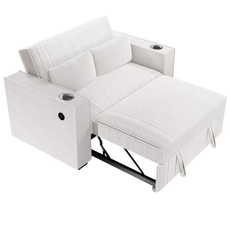 Revi Convertible Sofa w 2 Pillows- USB and Cupholders- Beige Corduroy