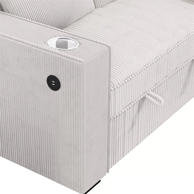 Revi Convertible Sofa w 2 Pillows- USB and Cupholders- Beige Corduroy