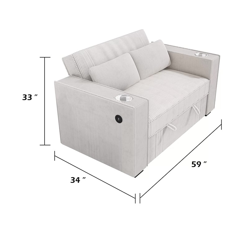 Revi Convertible Sofa w 2 Pillows- USB and Cupholders- Beige Corduroy