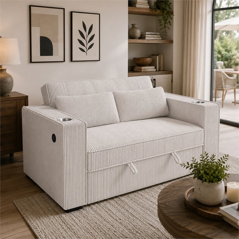 Revi Convertible Sofa w 2 Pillows- USB and Cupholders- Beige Corduroy