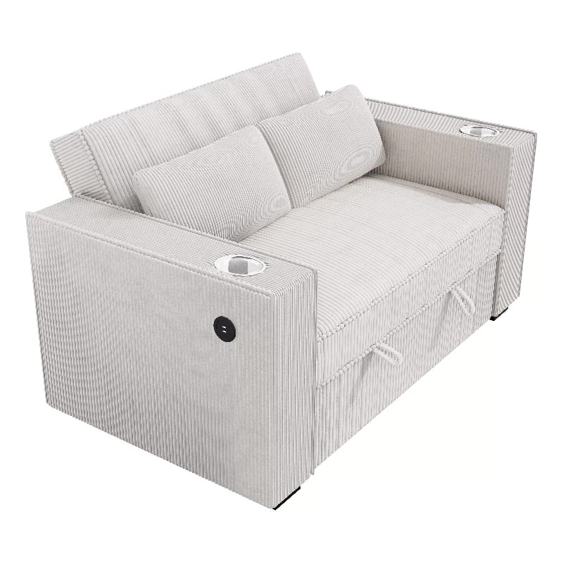 Revi Convertible Sofa w 2 Pillows- USB and Cupholders- Beige Corduroy