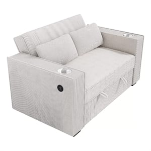 Revi Convertible Sofa w 2 Pillows- USB and Cupholders- Beige Corduroy