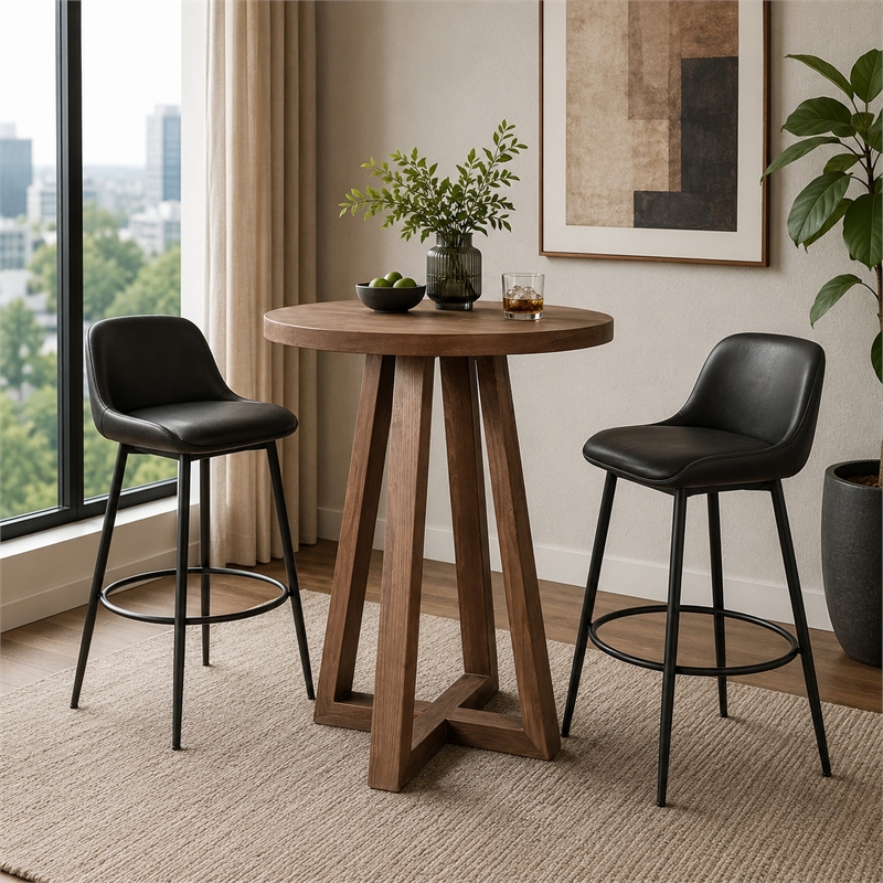 Mika Dining Pub Table- 30 Inch Round Top with Cross Base- Wheat Brown