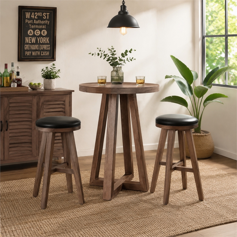 Mika Dining Pub Table- 30 Inch Round Top with Cross Base- Wheat Brown