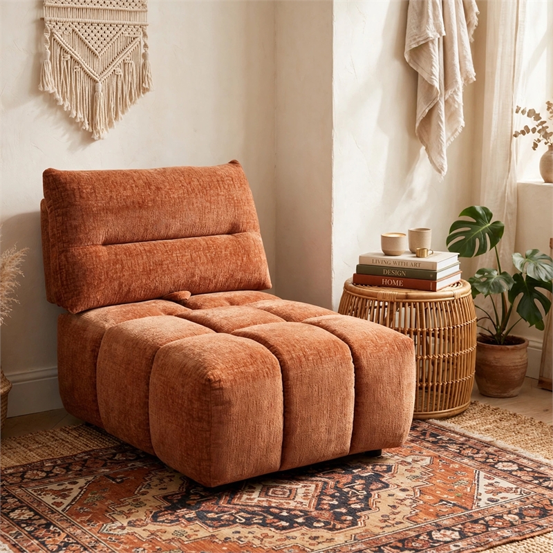 Leya Modular Armless Chair- Adjustable back- Channeled Coral Red Linen