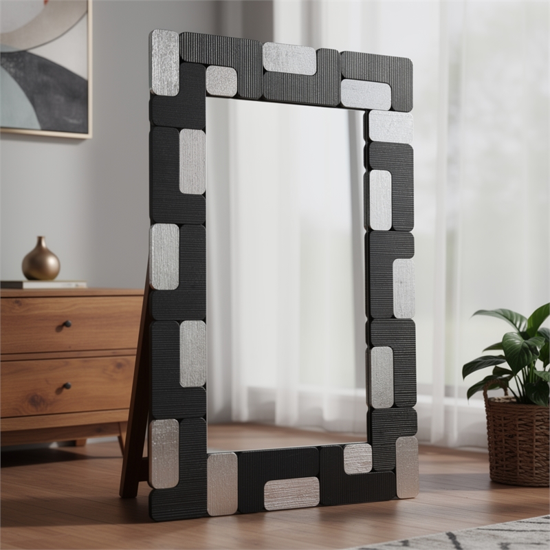 Kia Dresser Mirror- Block Design- Metallic Silver and Black Veneer 32x47