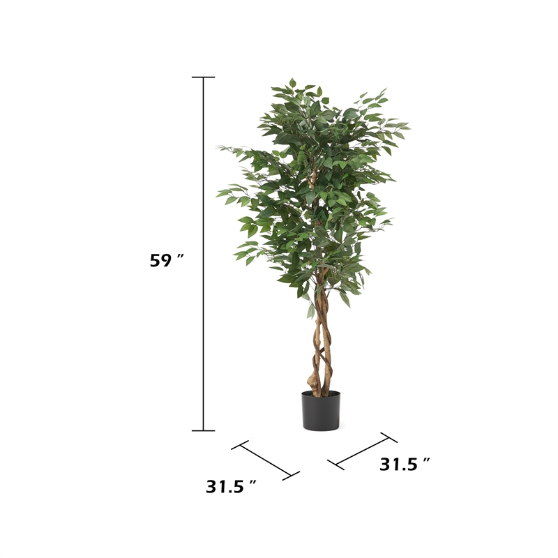 Karen Artificial Ficus Tree w Twisted Trunk- Green Poly Silk-Iron 59 Inch
