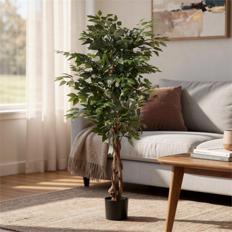 Karen Artificial Ficus Tree w Twisted Trunk- Green Poly Silk-Iron 59 Inch