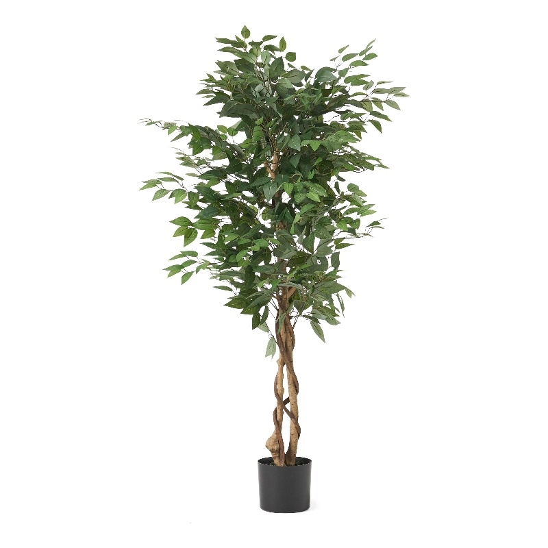 Karen Artificial Ficus Tree w Twisted Trunk- Green Poly Silk-Iron 59 Inch