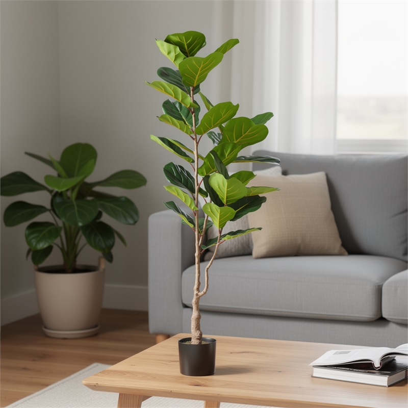 Axel Faux Fiddle Leaf Fig Tree- Iron Frame- Green Poly Silk 59 Inch