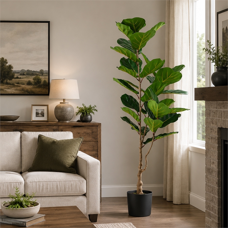Axel Faux Fiddle Leaf Fig Tree- Iron Frame- Green Poly Silk 59 Inch