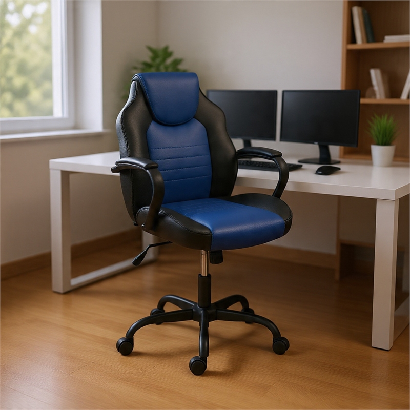Gaming Office Chair w Casters- Foam Fill Black and Blue Faux Leather