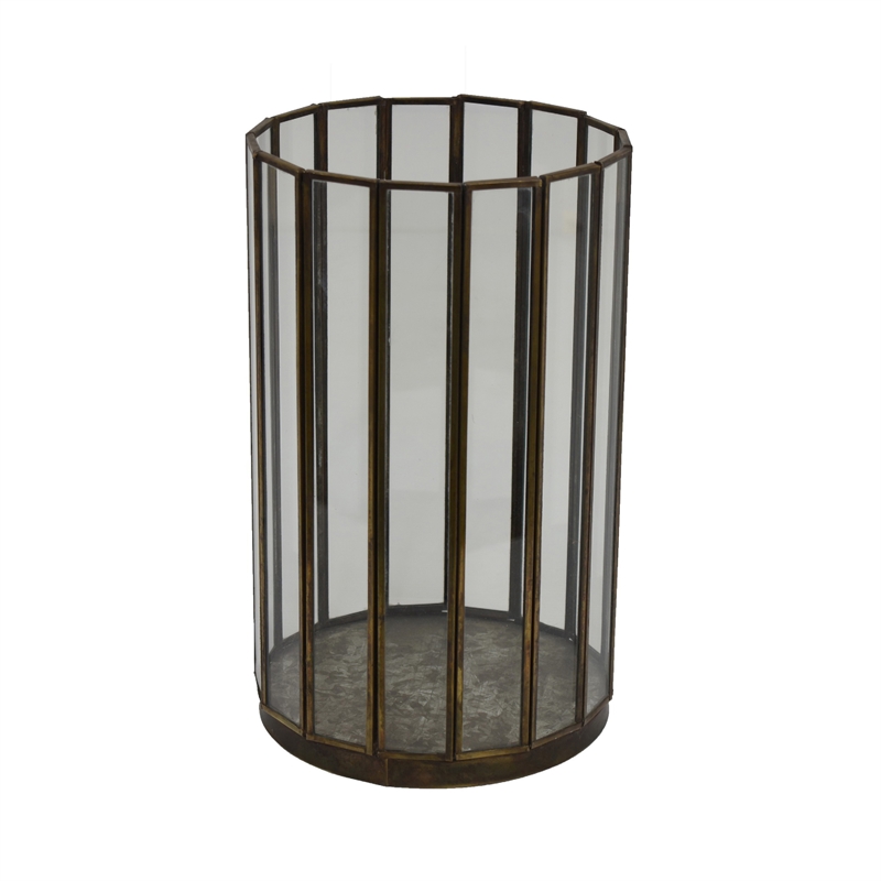 Bonie 7in Glass Hurricane Candle Holder with Paneled Frame- Bronze Metal