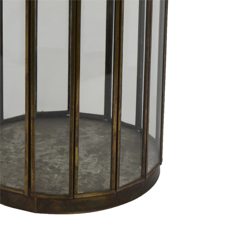 Bonie 7in Glass Hurricane Candle Holder with Paneled Frame- Bronze Metal