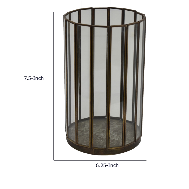 Bonie 7in Glass Hurricane Candle Holder with Paneled Frame- Bronze Metal