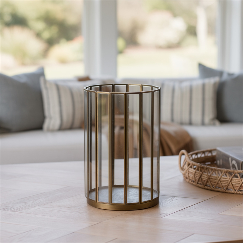 Bonie 7in Glass Hurricane Candle Holder with Paneled Frame- Bronze Metal