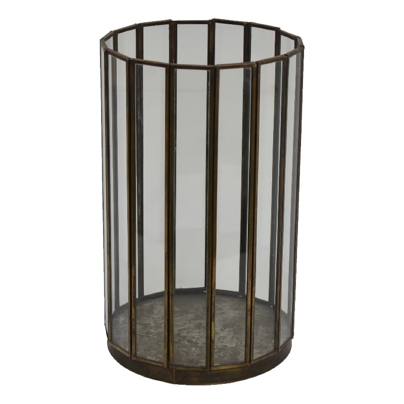 Bonie 7in Glass Hurricane Candle Holder with Paneled Frame- Bronze Metal