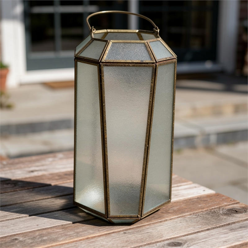 Raha Vintage Lantern with Frosted Glass Panels- Bronze Metal Frame 13 Inch