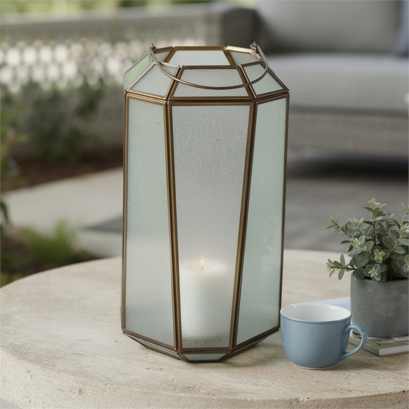 Raha Vintage Lantern with Frosted Glass Panels- Bronze Metal Frame 13 Inch