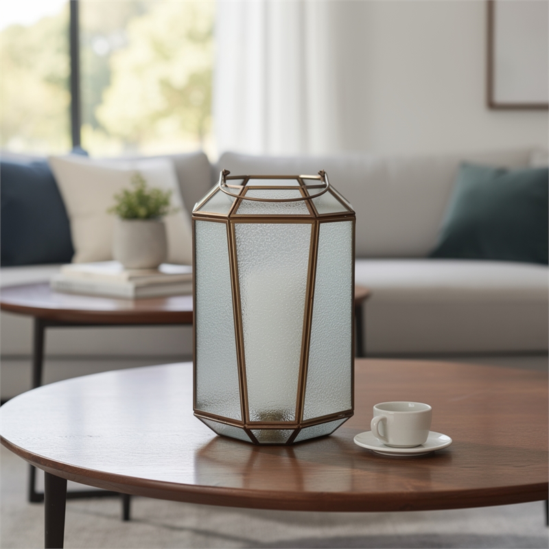 raha vintage lantern with frosted glass panels- bronze metal frame 11 inch