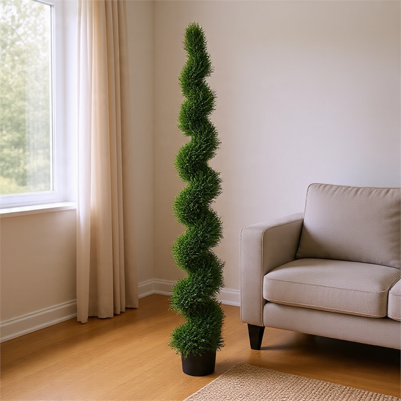 Javy Cypress Pine Tree- Spiral Topiary- White Planter- Green 83 Inch