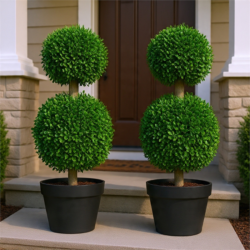 Lesli Double Ball Boxwood Topiary Trees- Set of 2- Green 24 Inch