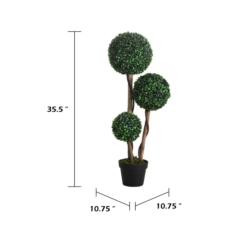 Raha Triple Ball Boxwood Tree in Black Pot- Lifelike Poly Silk 36 Inch
