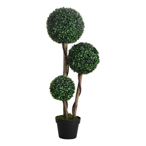 Raha Triple Ball Boxwood Tree in Black Pot- Lifelike Poly Silk 36 Inch