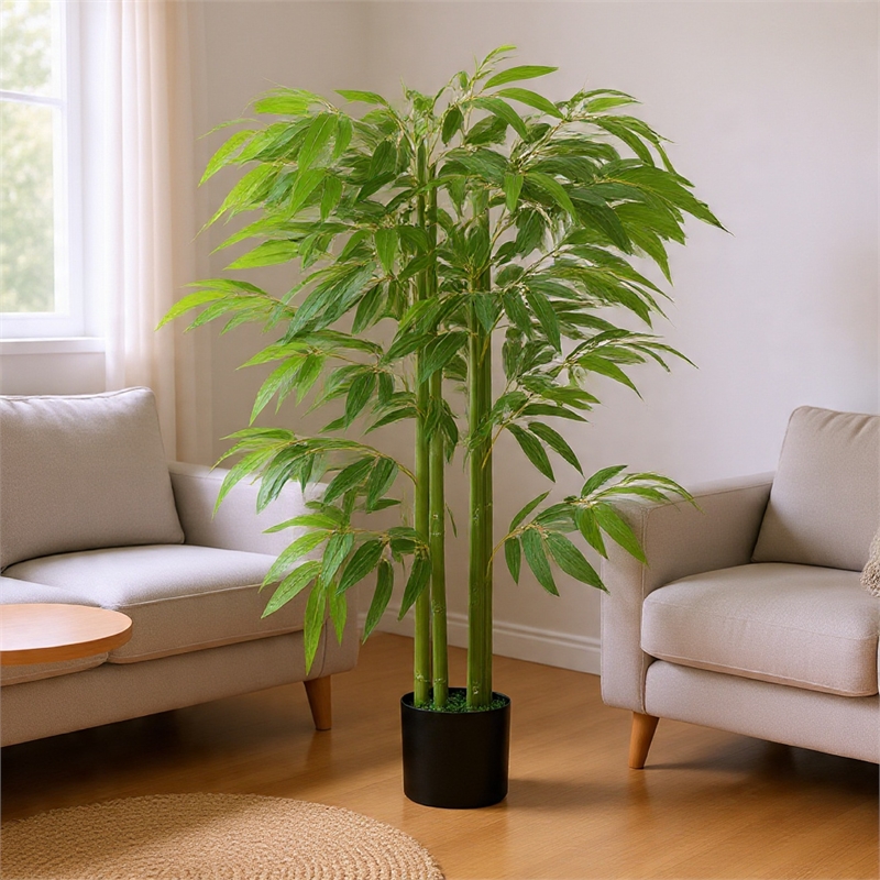 Valey Faux Bamboo Tree with Cement-Filled Pot- Lifelike Poly Silk 55 Inch