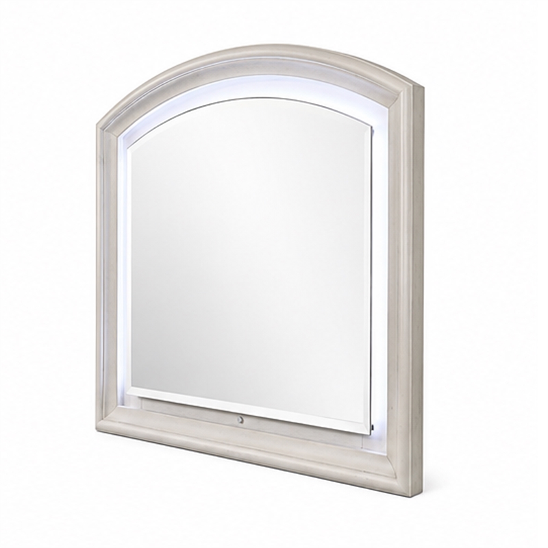 Remy Vanity Dresser Mirror w LED- Arched Frame- Antique White- 35x44