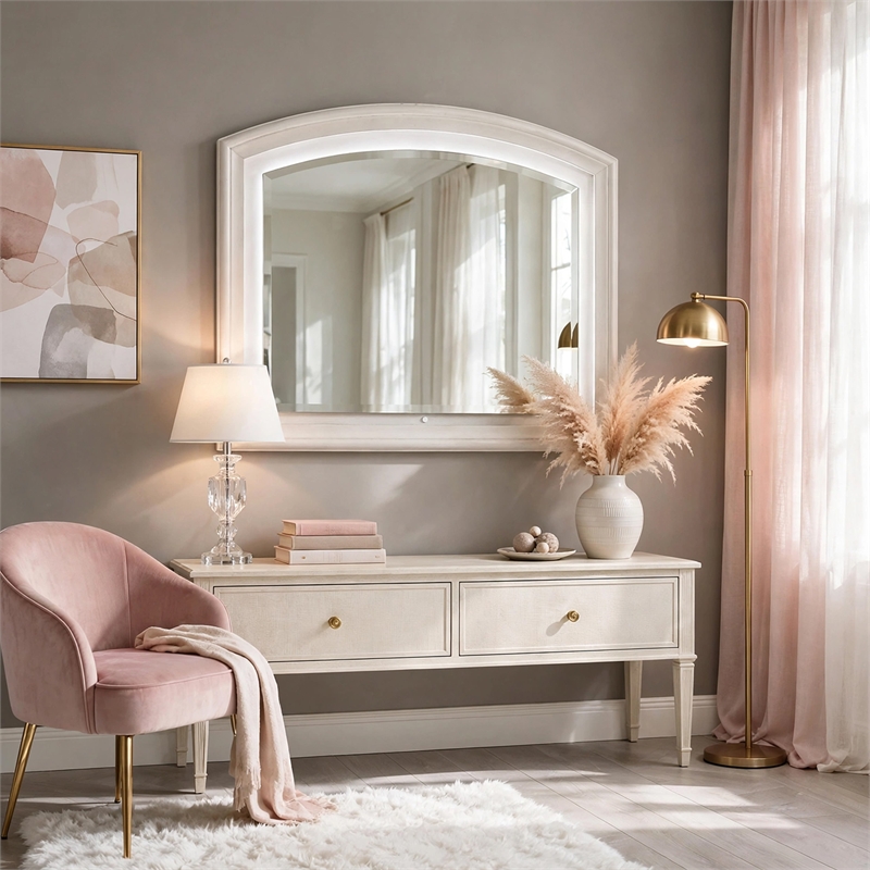 Remy Vanity Dresser Mirror w LED- Arched Frame- Antique White- 35x44