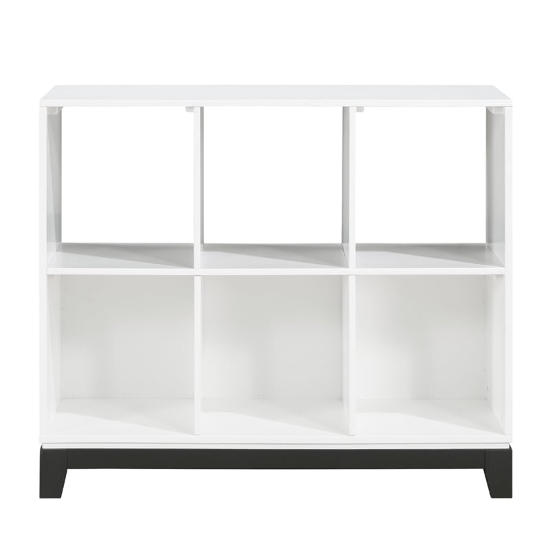 Gare Bookcase-  6 Cubby Shelves- White Wood Frame- Black Base 40 Inch