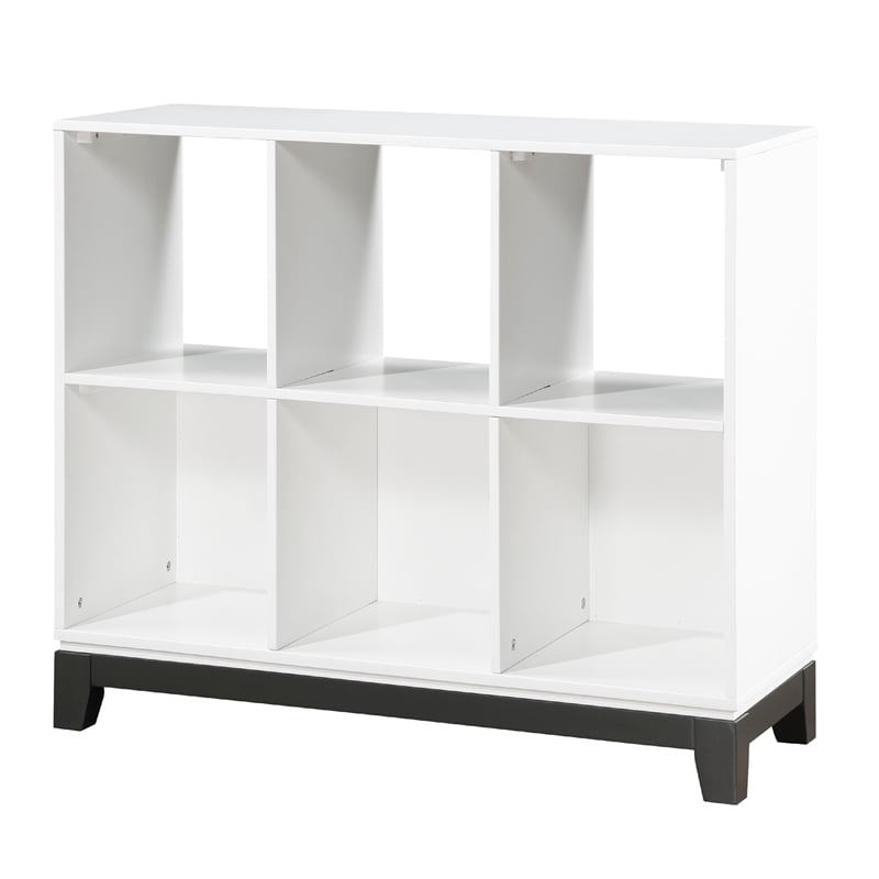 Gare Bookcase-  6 Cubby Shelves- White Wood Frame- Black Base 40 Inch