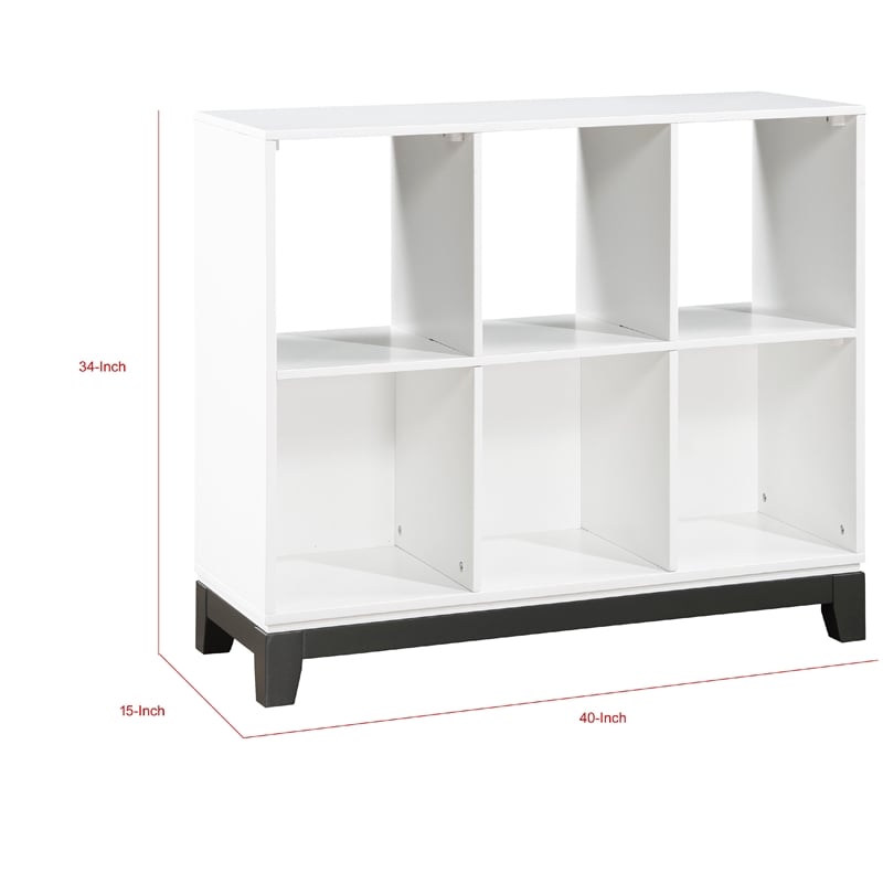 Gare Bookcase-  6 Cubby Shelves- White Wood Frame- Black Base 40 Inch
