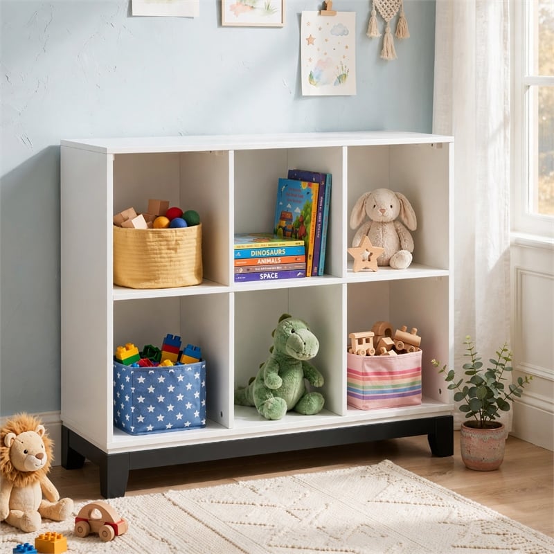 Gare Bookcase-  6 Cubby Shelves- White Wood Frame- Black Base 40 Inch