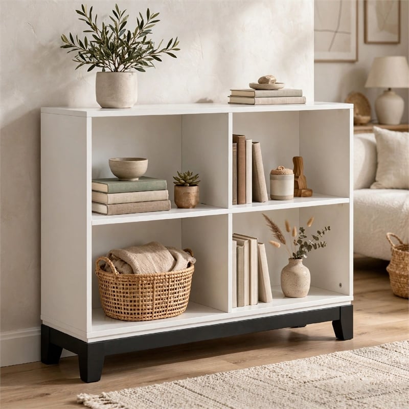 Gare Bookcase  4 Cubby Shelves- White Wood Frame- Black Base 43 Inch