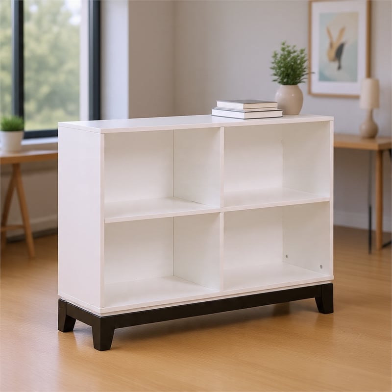 Gare Bookcase  4 Cubby Shelves- White Wood Frame- Black Base 43 Inch