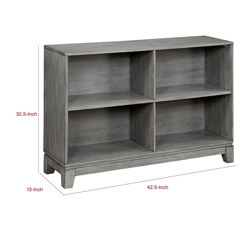 Gare Bookcase  4 Cubby Shelves- Low Profile- Rustic Gray Wood 43 Inch