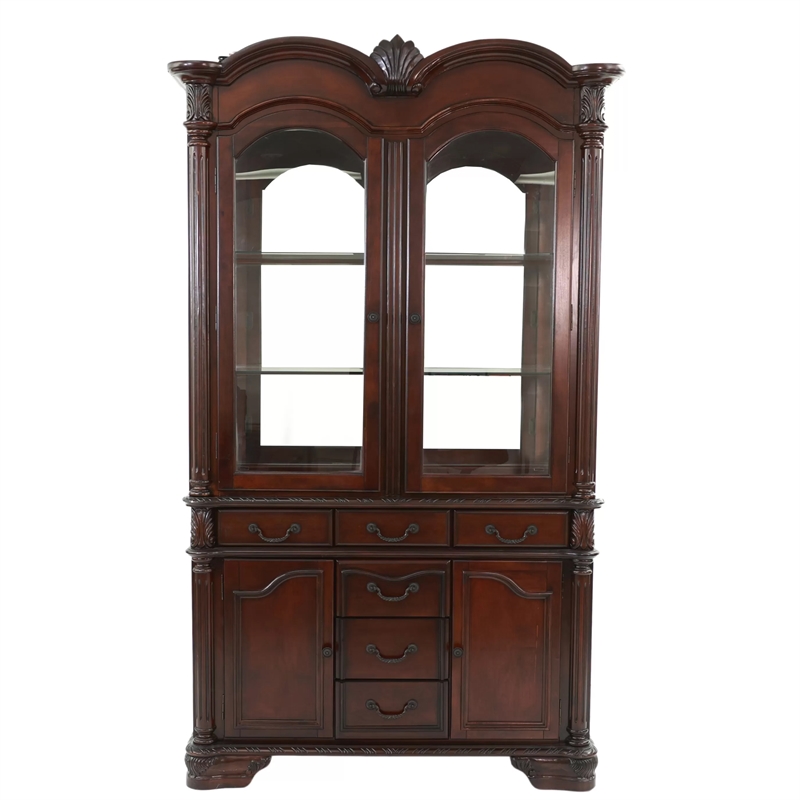 Shaya Hutch- 3 Glass Shelves- 6 Drawers- 2 Doors- Cherry Brown 88 Inch